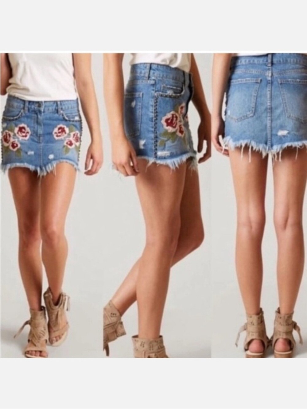 Free People Denim Mini Skirt Wild Rose Embroidered Size 24 Waist Festival EUC - Picture 3 of 13